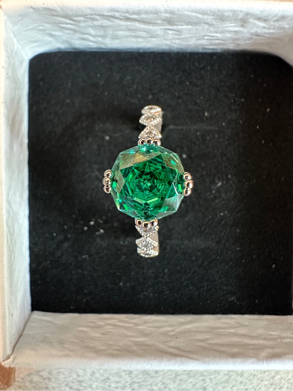 Green Emerald Cut Crystal Ring Silver Tone Statement Ring